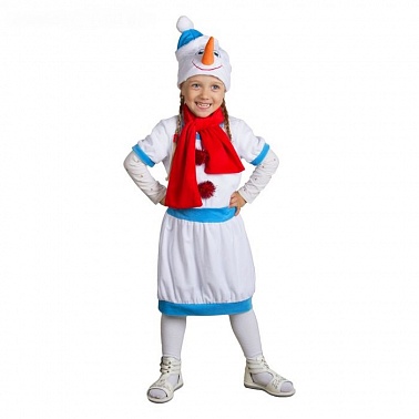 Костюм Снеговик в голубой шапке (сарафан, шапка, шарф) рост 98-110