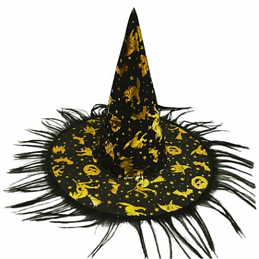 Шляпа ведьмы черно-золотая с бахромой 36см
