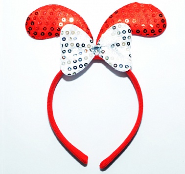 Ободок Зайка с бантиком, Красный с блёстками 