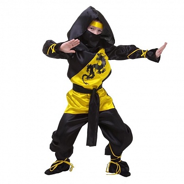 Костюм Ниндзя черно-желтый (куртка с капюшоном, брюки, маска, пояс) рост 134